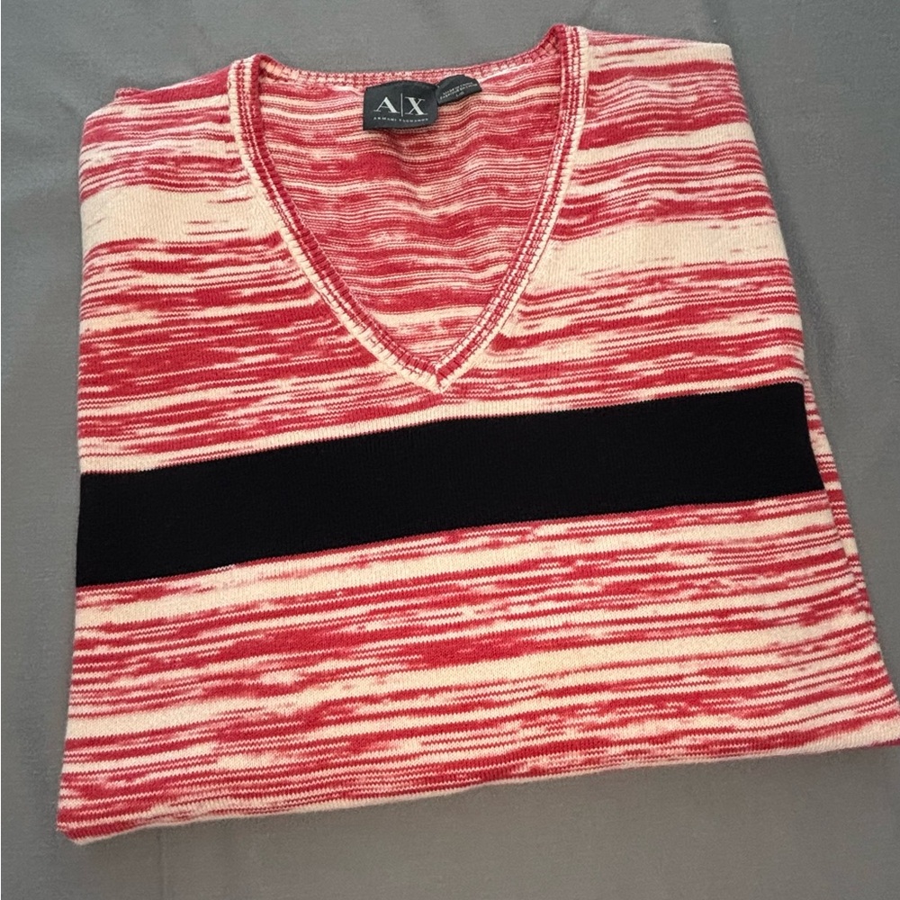 Armani Exchange Red and Cream V-Neck Sweater
